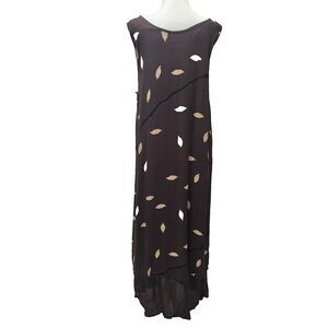 Animale  by Jacques Ruc  Brown Dress Leaf Print Large Lagenlook Artsy Maxi